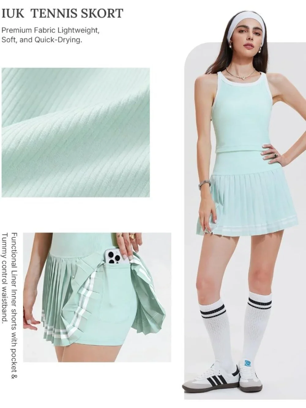 Women's Mint Green 2 Piece Racer Back Tennis Skirt Tank Top Pull On Golf Dress